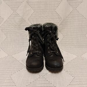 Girls Black Fur-Lined Lace-Up Boots With Zipper Size 2